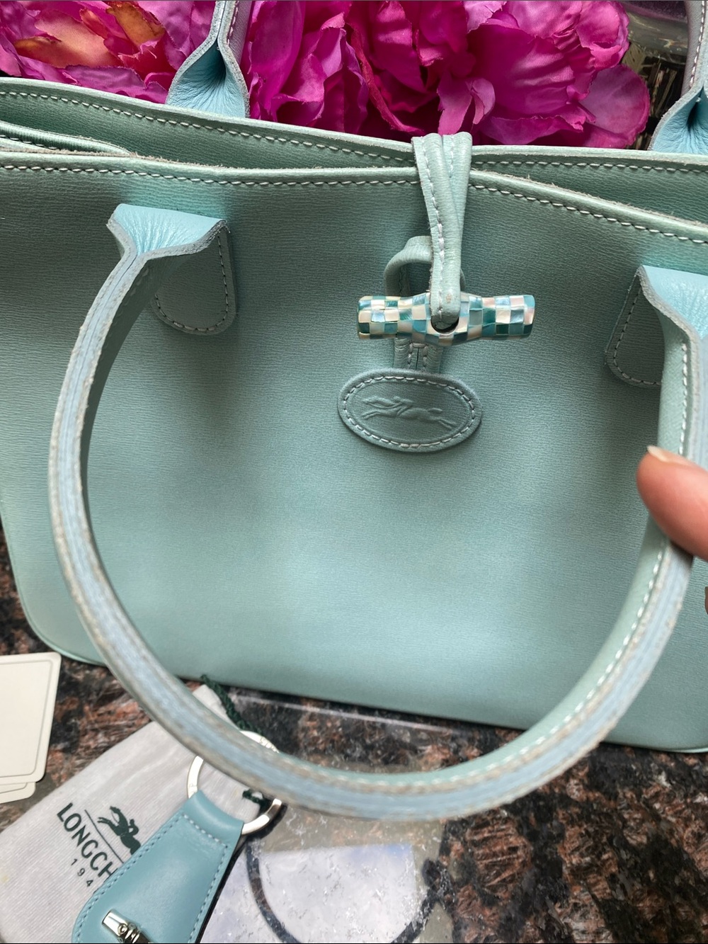Longchamp Turquoise Leather Top-Handle Tote. GUC. - Picture 5 of 16